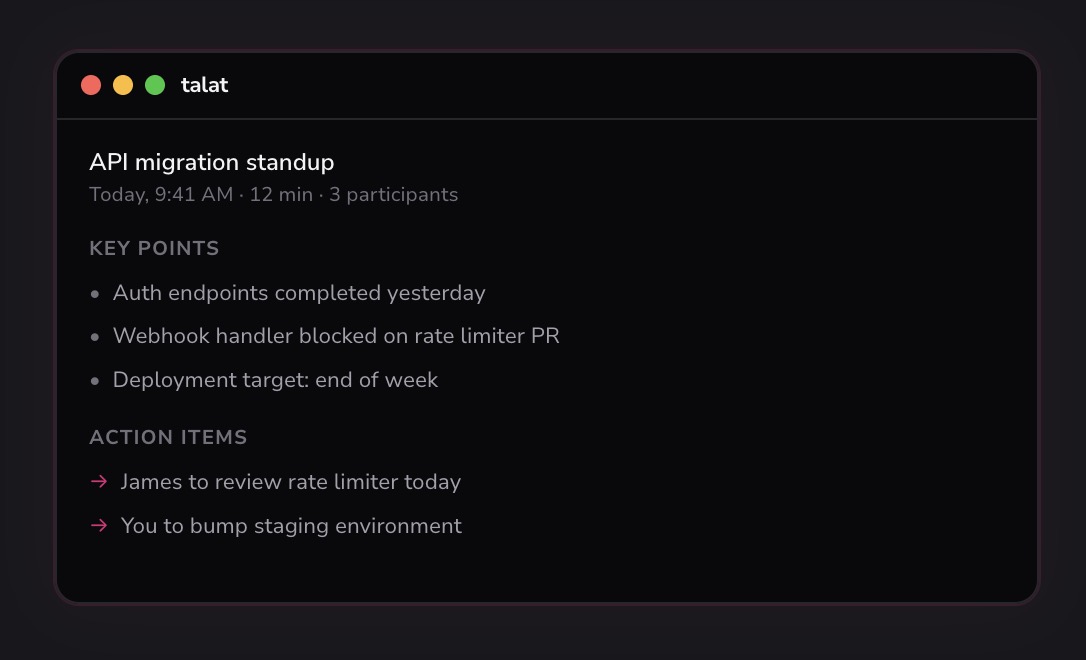 AI 회의 메모 앱 'Talat'이 클라우드에 저장하지 않고 Mac 내부에서 처리하며 Granola와는 다른 개인정보 보호 중심의 도구로 등장 썸네일